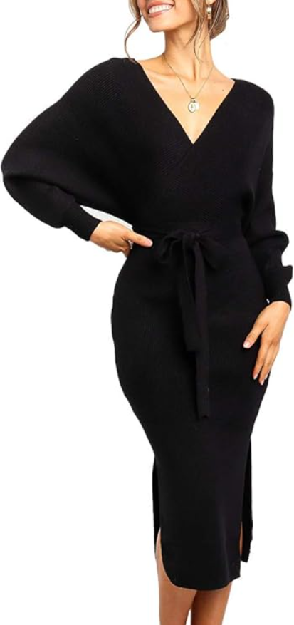 Women's Long Maxi Sweater Dresses Sexy Wrap Batwing V Neck Slit Open Back Holiday Bodycon Dress with Belt