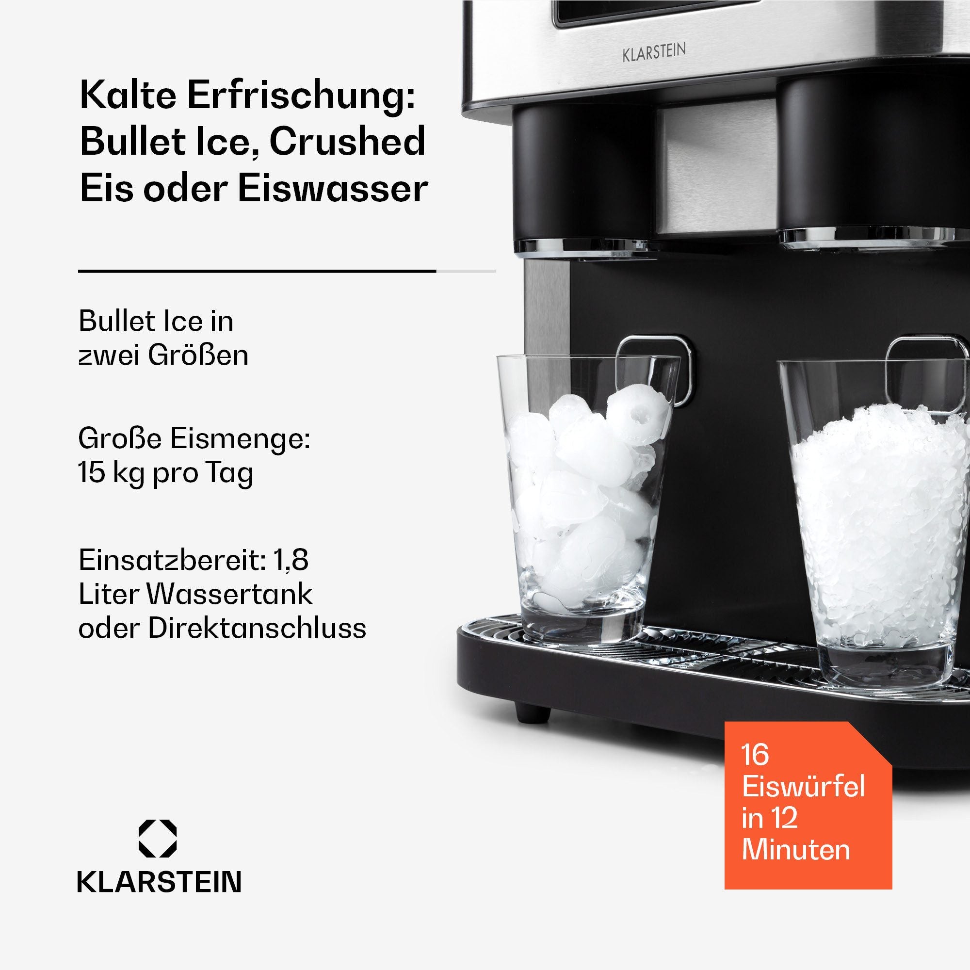 KLARSTEIN Eiswürfelmaschine Eiszeit Crush Eiswürfelmaschine 15 kg/24h 2 Größen Crushed Ice